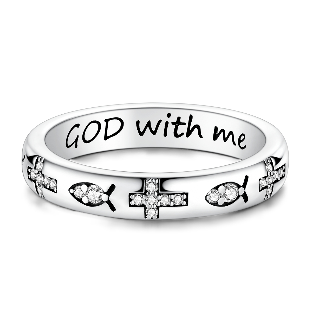 Women's Silver Plated Sparkling Zirconia Jesus Fish Pattern Cross Ring